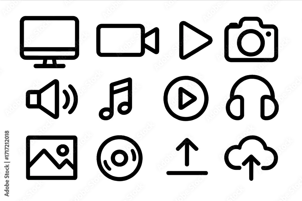 Aufkleber minimalist multimedia icon set. black line icons for digital apps and web. ui ux design elements. vi