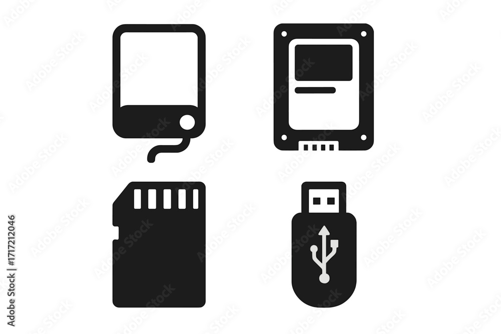 Fototapete digital data storage device icon set. minimalist vector illustration of ssd, external hard drive, us