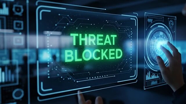 Cybersecurity defense system actively blocking digital threats and safeguarding sensitive data in a connected global network