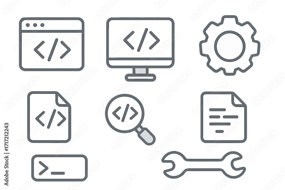 Fototapete coding and programming line icon set. minimalist vector symbols for software development, app interf