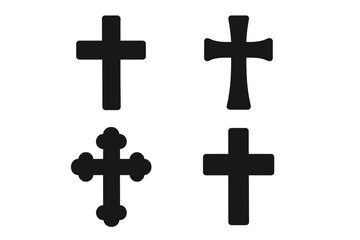 Set of black christian cross icons. Religious symbol collection. Vector silhouette illustration of various faith signs. Catholic and orthodox crucifix shapes isolated.
