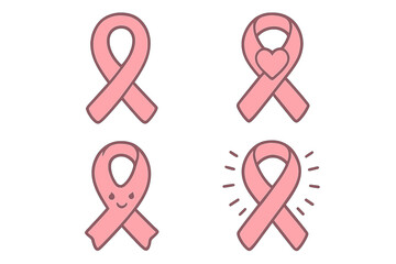 Pink ribbon collection for breast cancer awareness month. Vector icon set with heart and smile. Symbol of hope, support and charity for women's health medical campaign.