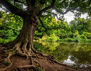 Majestic tree by a calm lake