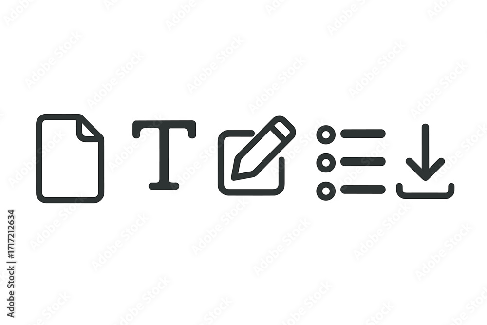 Poster essential minimalist icons set for document and text editing. includes file, font, edit, list, and d