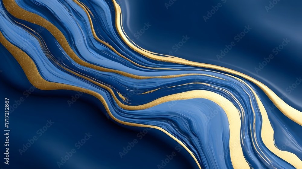 Poster mesmerizing abstract background with dynamic, flowing waves of blue and gold hues creating a visuall