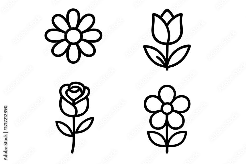 Poster flower icons set vector graphics. collection of four simple floral outline symbols in a minimalist l