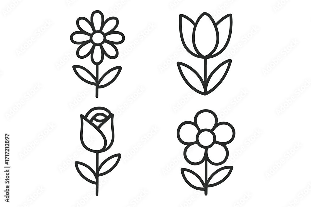 Poster flower icon set in thin line art style. vector collection of simple botanical symbols including rose