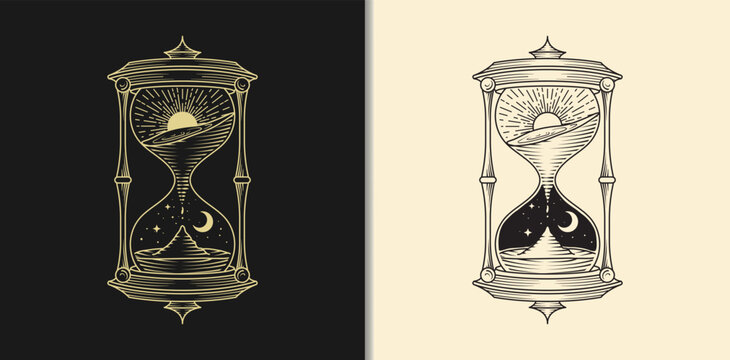 Luxury esoteric hourglass with sun and moon in gold line art engraving