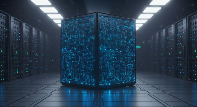 Glowing blue quantum computer core representing big data processing and artificial intelligence in a futuristic server room