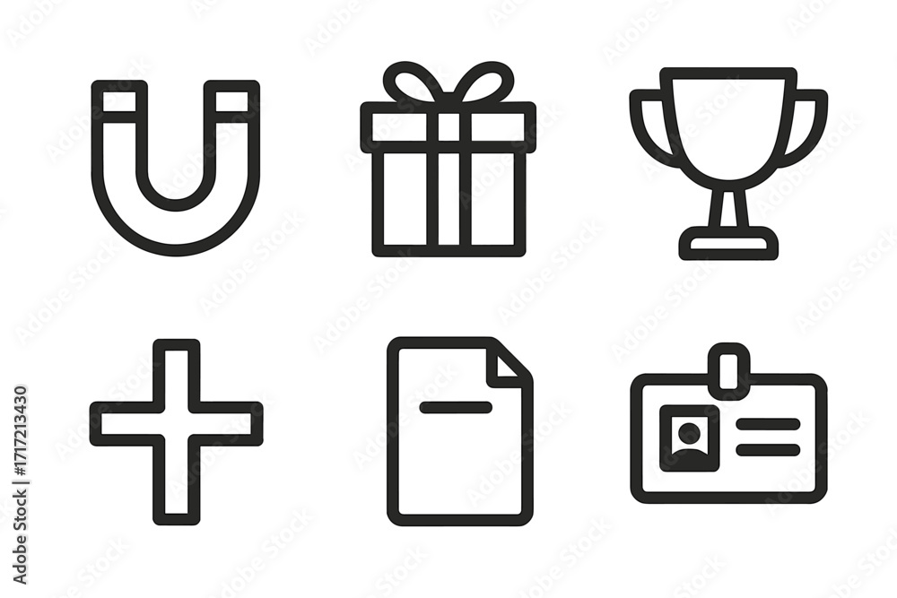Poster minimalist black icon set for business and web. includes magnet, gift, trophy, plus sign, document a