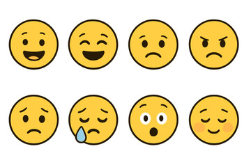 Emoji set vector pack. Emoticon faces with various emotions. Happy, sad, angry, crying, surprised, satisfied. Cartoon smiley icon collection for social media & web design.