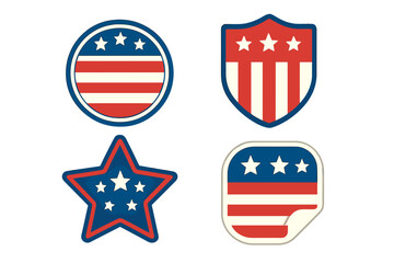 Set of patriotic American badges. USA flag emblem collection. Vintage style vector icons for 4th of July, Independence Day. Shield, star, and circle symbols for election.