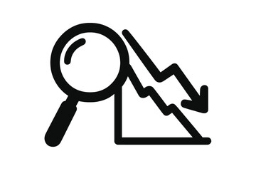 Concept of economic crisis and analysis. Magnifying glass over a declining chart. Financial loss, market fall, business failure, and recession graph vector illustration.