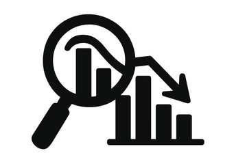 Financial crisis analysis icon. Magnifying glass over decreasing bar chart with down arrow. Business loss, economic recession, stock market crash, data analysis vector concept.