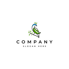 bird logo perched on a tree branch decorated with natural foliage elements in an overlapping lines art design style concept