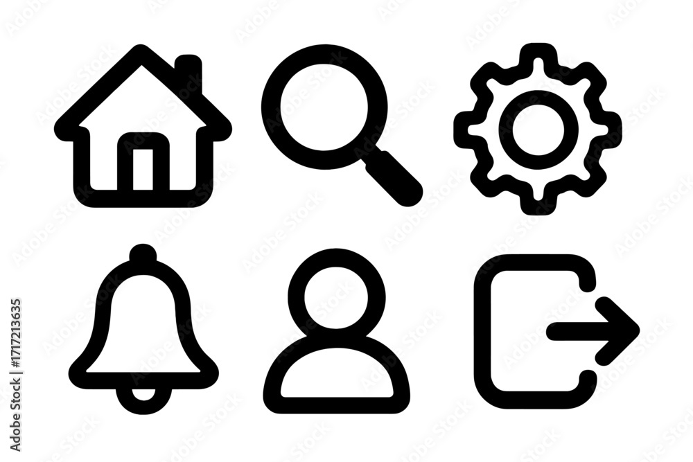 Aufkleber user interface outline icon set. essential web and mobile app navigation symbols. home page, search,