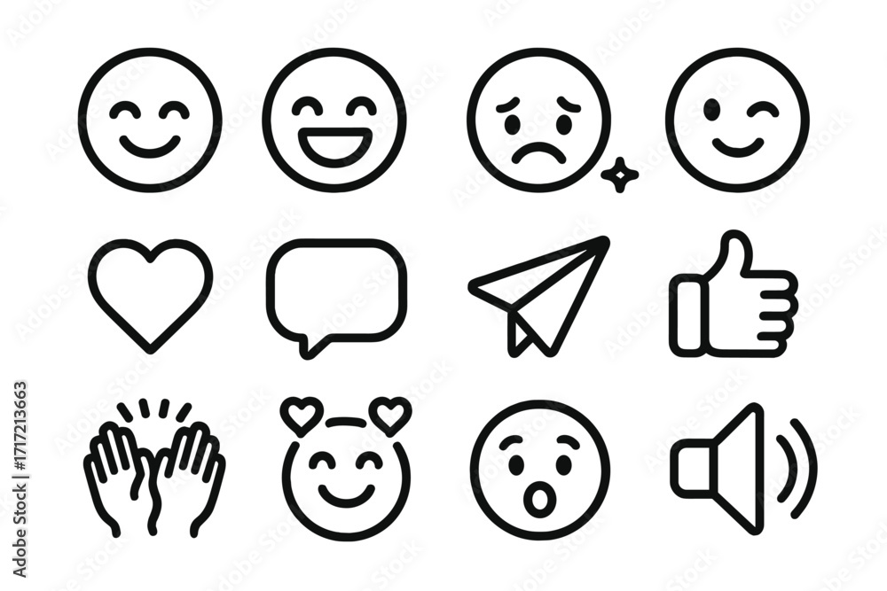 Poster simple line art emoji icon set for social media and messaging. vector collection of emoticons and fe
