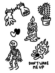Dark humor doodle set: skeleton, candle, cactus, handcuffs