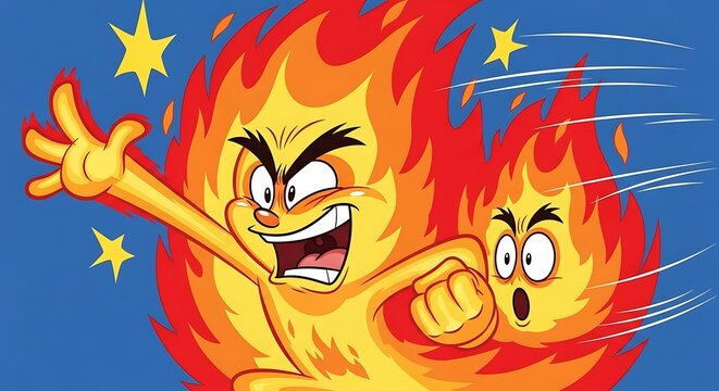 A cartoonish depiction of a fiery character, expressive and dynamic, soaring through the air with a dramatic punch.  Vibrant colors and exaggerated features create an exciting, action-packed scene.
