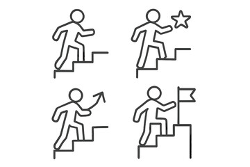 Steps icon set. Man on stairs. Career ladder. Leadership, success, and goal achievement concept. Growth and development symbol. Vector outline pictogram collection illustration.