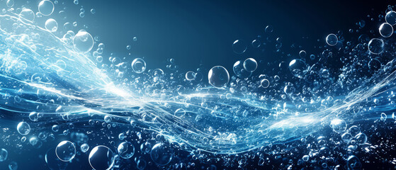 Abstract water wave with bubbles on blue background