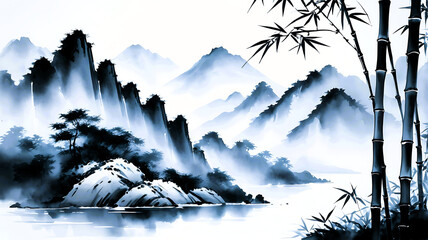 Japanese ink wash painting of bamboo and mountains, minimal and elegant cool wall art design