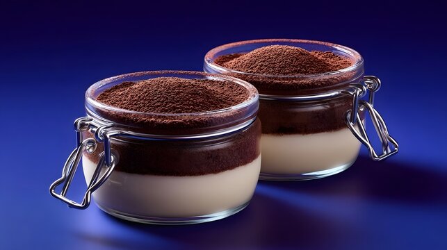 Two delicious tiramisu desserts with a creamy, coffee-flavored mascarpone filling and a dusting of rich cocoa powder, served in elegant glass jars.