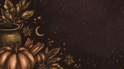 Autumn witchcraft pattern with pumpkins and cauldron