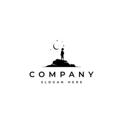 silhouette logo of a child standing on a rocky hill, looking up at the crescent moon among the stars of space, with a dreamy sense of the future