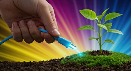 Powering growth with clean energy, a hand plugs in a blue cord to a vibrant green plant sprouting from fertile soil against a colorful, abstract sky symbolizing innovation and a bright future.