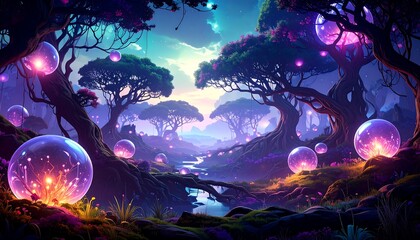 Obraz premium A Magical Enchanted Forest with Glowing Orbs of Light.