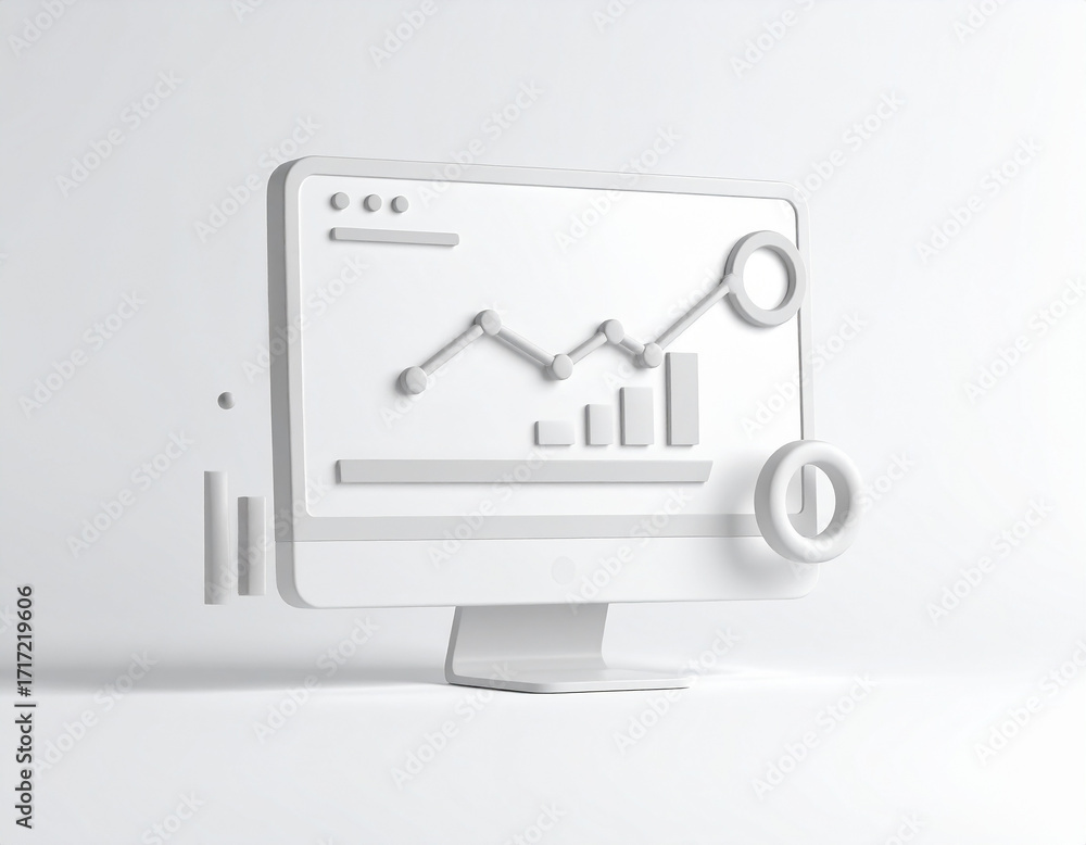 Poster white computer monitor displaying line graph and bar chart elements image