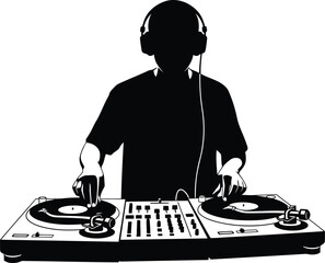 Silhouette dj playing turntables headphones performing electronic music entertainment event vector