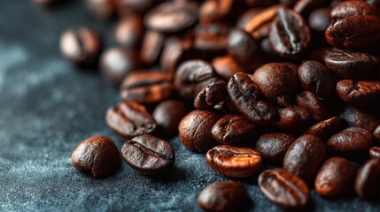Freshly roasted aromatic coffee beans scattered on a modern surface in a warm, close-up view.
