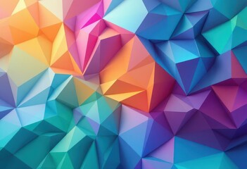 A vibrant, colorful, three-dimensional abstract design features a textured surface composed of numerous interconnected polygons in a variety of hues, creating a dynamic and eye-catching visual effect.
