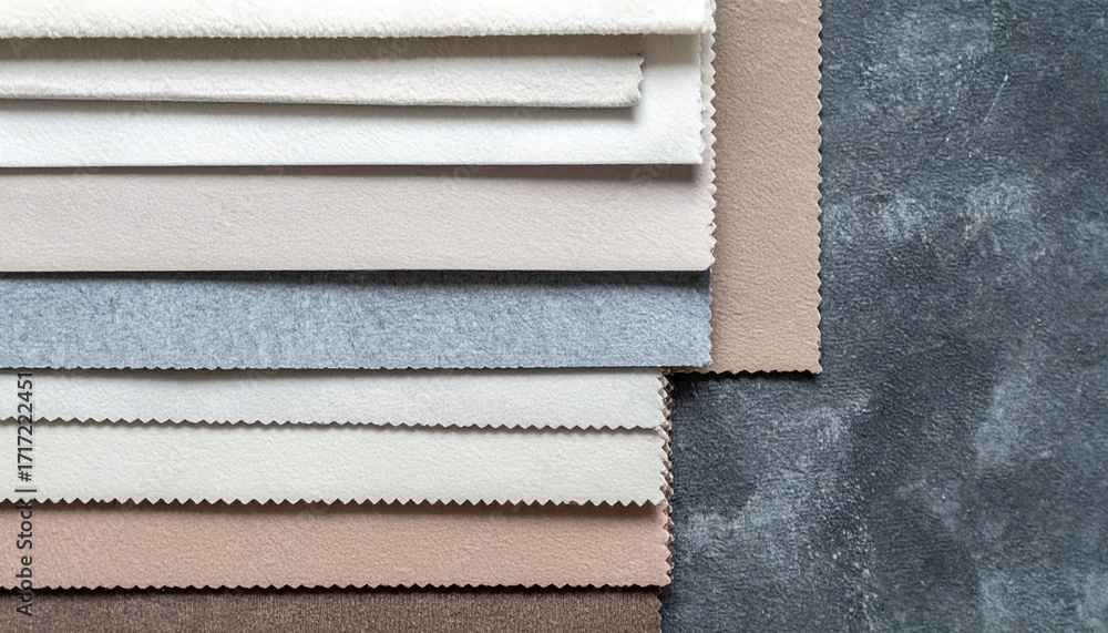 Aufkleber soft neutral tone fabric samples are displayed against a textured background creating a visually app