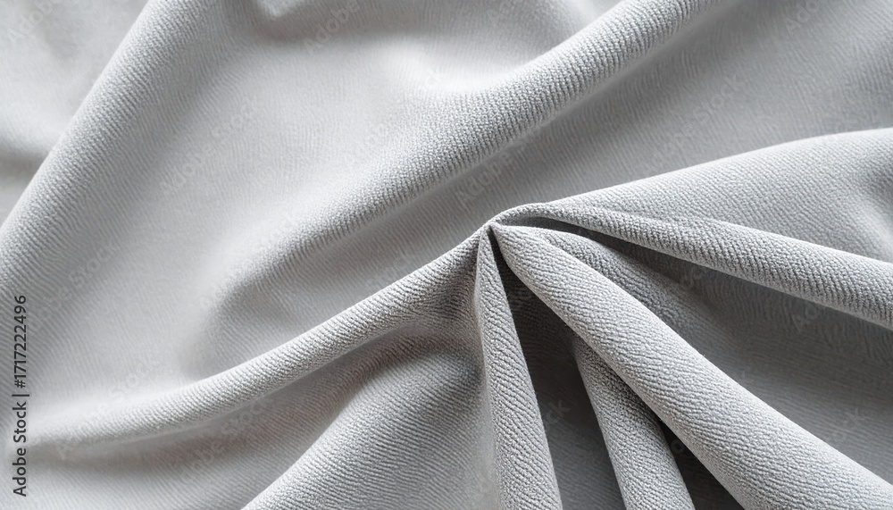 Poster the soft, light gray fabric is draped and folded, creating flowing textures and gentle shadows which