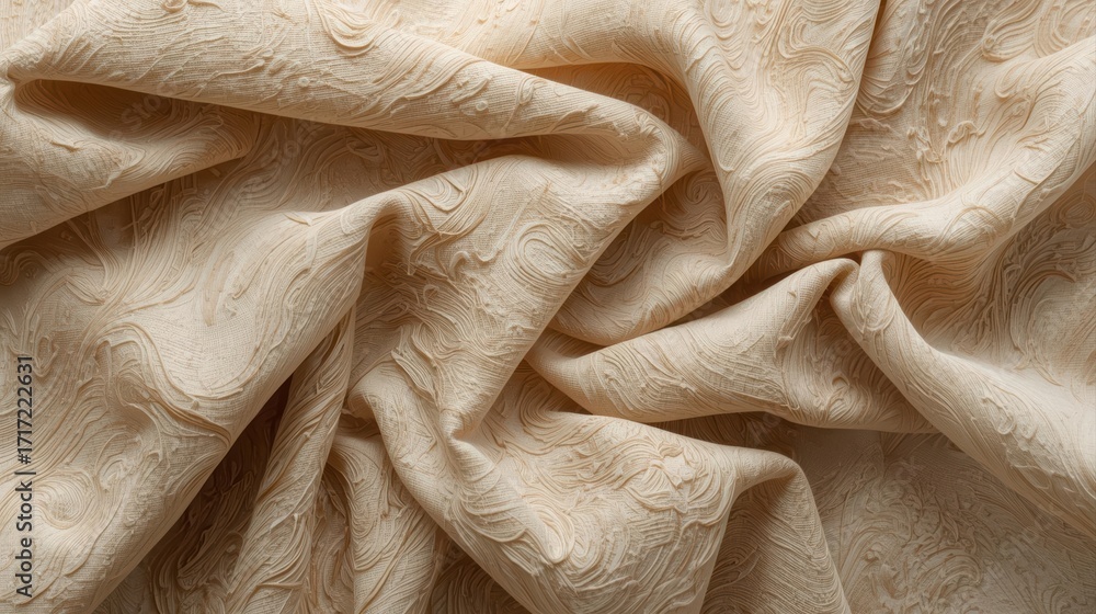 Poster elegant beige fabric with a subtle swirling pattern is artfully draped, creating soft folds and a lu