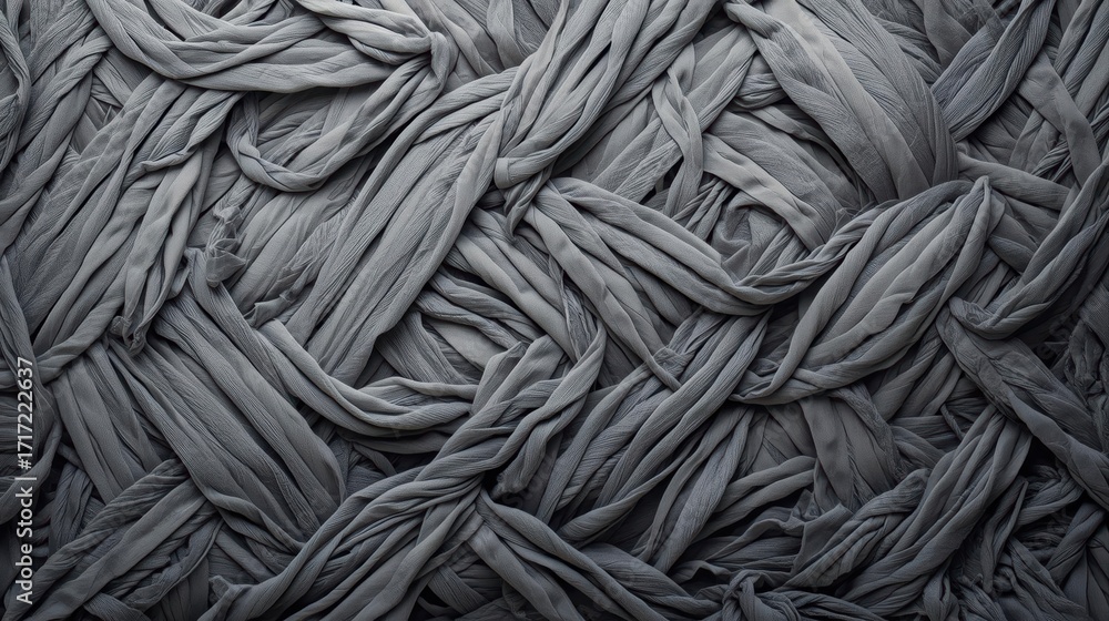 Aufkleber gray textile strips are intricately intertwined and knotted together to create a textured, abstract 