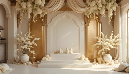  Temple-style backdrop with soft gold textures, antique bells, jasmine torans, and pastel ivory accents.
