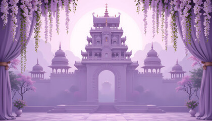  Background featuring intricate temple gopuram silhouettes, jasmine garland curtains, and soft pastel lilac tones.