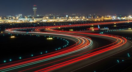 Obraz premium Airport at Night with Long Exposure Light Trails from Aircraft, Control Tower, and City Lights