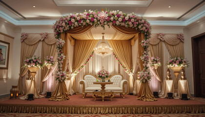  Traditional South Indian wedding décor with muted gold fabrics, lotus motifs, and pastel cream highlights.