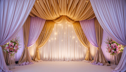  Golden mandap backdrop with soft shimmering tones, jasmine curtain walls, and pastel lilac fabric layers.