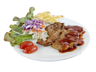 Savory Steak Platter: A mouthwatering, expertly prepared steak is served on a pristine plate, complemented by a vibrant array of fresh salad, succulent cherry tomatoes and golden-brown garlic bread.