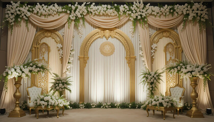  Serene wedding backdrop with intricate golden temple motifs, jasmine torans, and pastel beige drapes.
