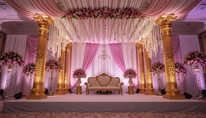  Grand South Indian mandap backdrop with shimmering golden pillars, cascading jasmine strings, and pastel pink silk accents.
