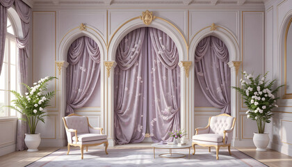  Traditional décor scene with muted gold arches, jasmine floral curtains, and pastel lavender highlights.