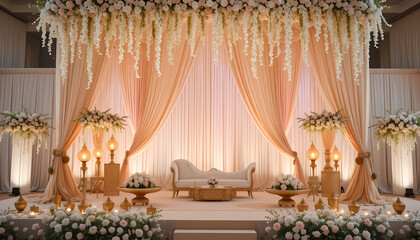  Wedding stage adorned with brass urli bowls, glowing golden lamps, jasmine torans, and pastel peach drapes.