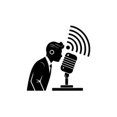 A silhouette of a radio host in front of a microphone, with wave lines circling their head or emerging from their mouth. This design clearly depicts the role of the speaker as a communicator